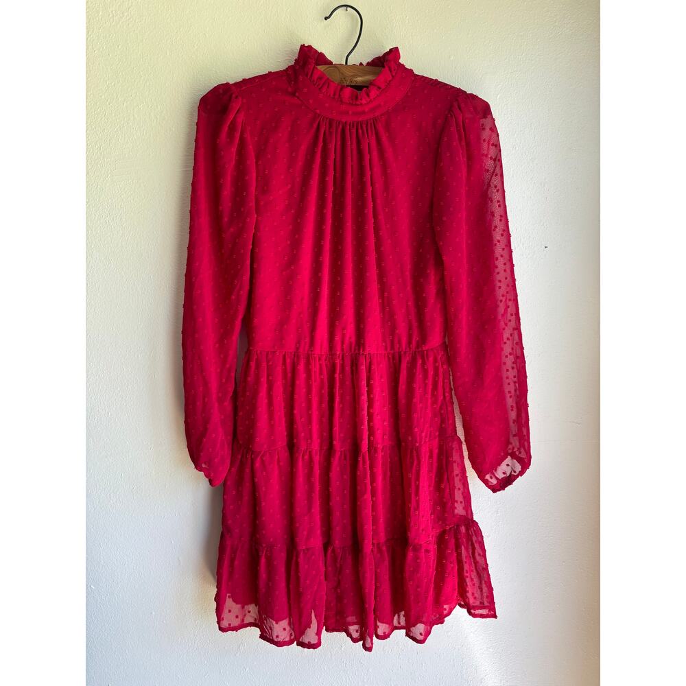 Mi Ami Womens Mini Dress‎ Clip Dot Tiered Ruffle Neck Long Sleeve Red Small